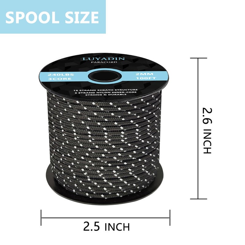 LUYADIN Reflective Paracord 240lb - Diameter 2mm Micro Utility Cord -3 Strand Parachute Spool Cord - 100ft 200ft,Paracord for Camping,Hiking,Fishing,Outdoor and DIY - Image 2
